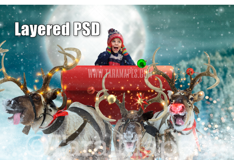 Reindeer Flying in Sky with Sleigh Over Christmas Town - LAYERED PSD! Smiling Reindeer - Riding in Sleigh Holiday Christmas Digital Background /Backdrop