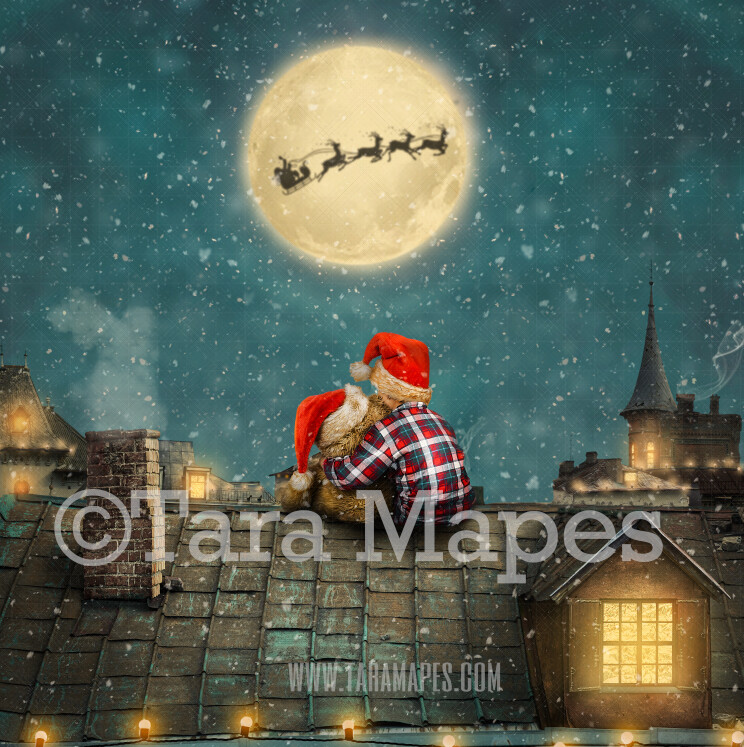 Christmas Rooftop - Santa in Moon - Christmas Town with Lights - Holiday Christmas Holiday Digital Background Backdrop FREE SNOW OVERLAY