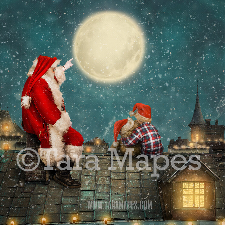 Santa on Roof - Christmas Rooftop - Christmas Town with Lights - Holiday Christmas Holiday Digital Background Backdrop FREE SNOW OVERLAY