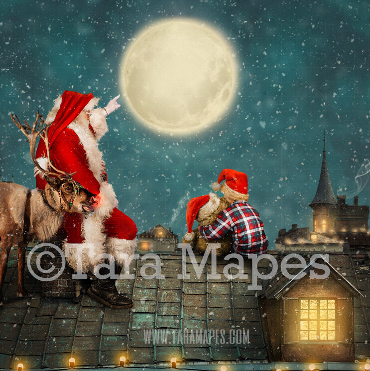 Santa on Roof with Reindeer - Christmas Rooftop - Christmas Town with Lights - Holiday Christmas Holiday Digital Background Backdrop FREE SNOW OVERLAY