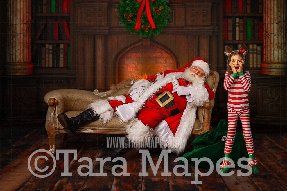 Santa Digital Backdrop - Santa Asleep on Couch- Santa with Milk by Fireplace Sleeping on Couch- Christmas Digital Background by Tara Mapes