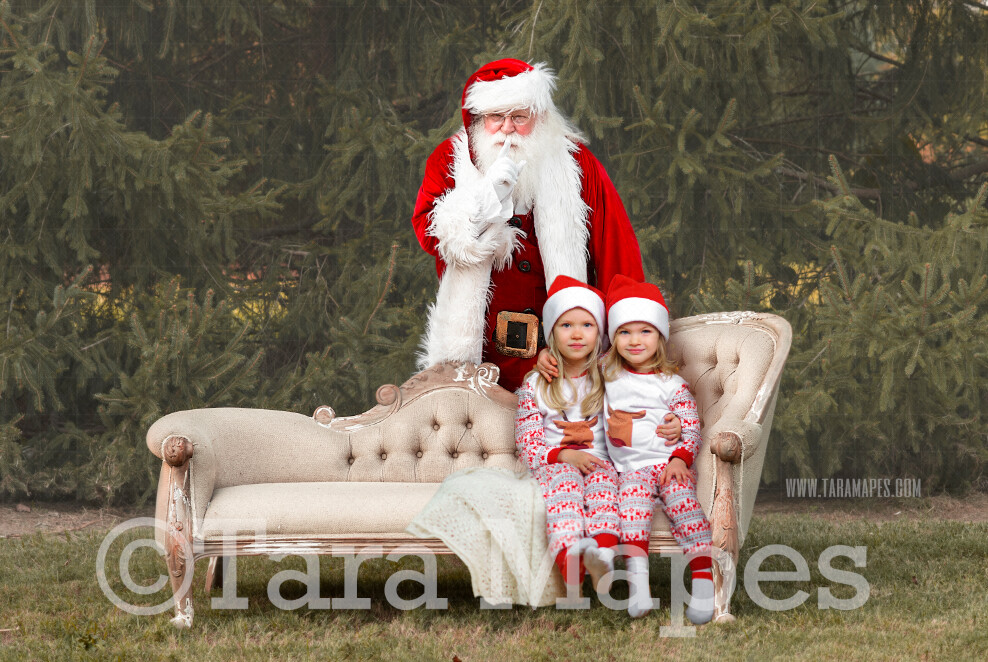 Santa Digital Backdrop - Santa Behind Couch Saying Shh - Santa Christmas Digital Backdrop by Tara Mapes