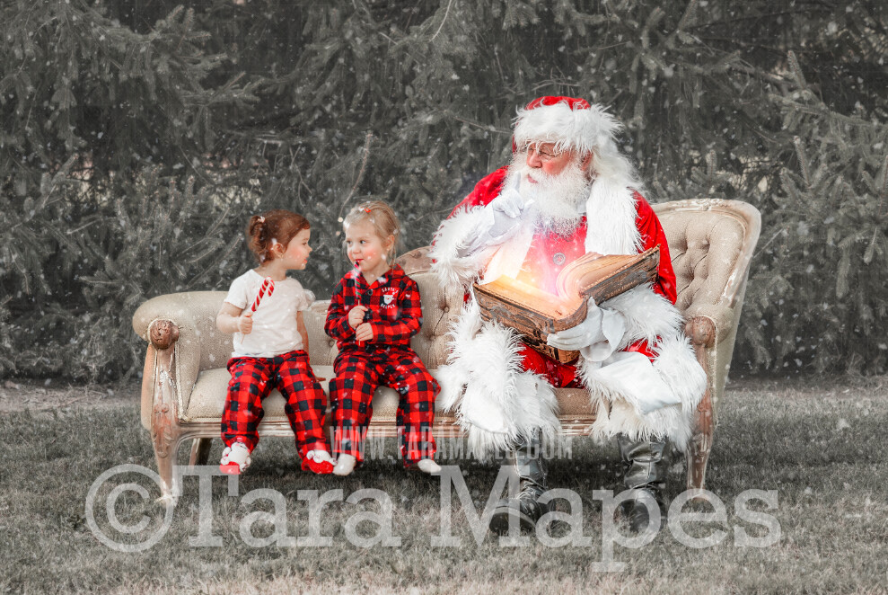 Santa Digital Backdrop - Santa Reading Magic Book on Couch - Free Snow Overlay Included - Santa Christmas Digital Backdrop by Tara Mapes