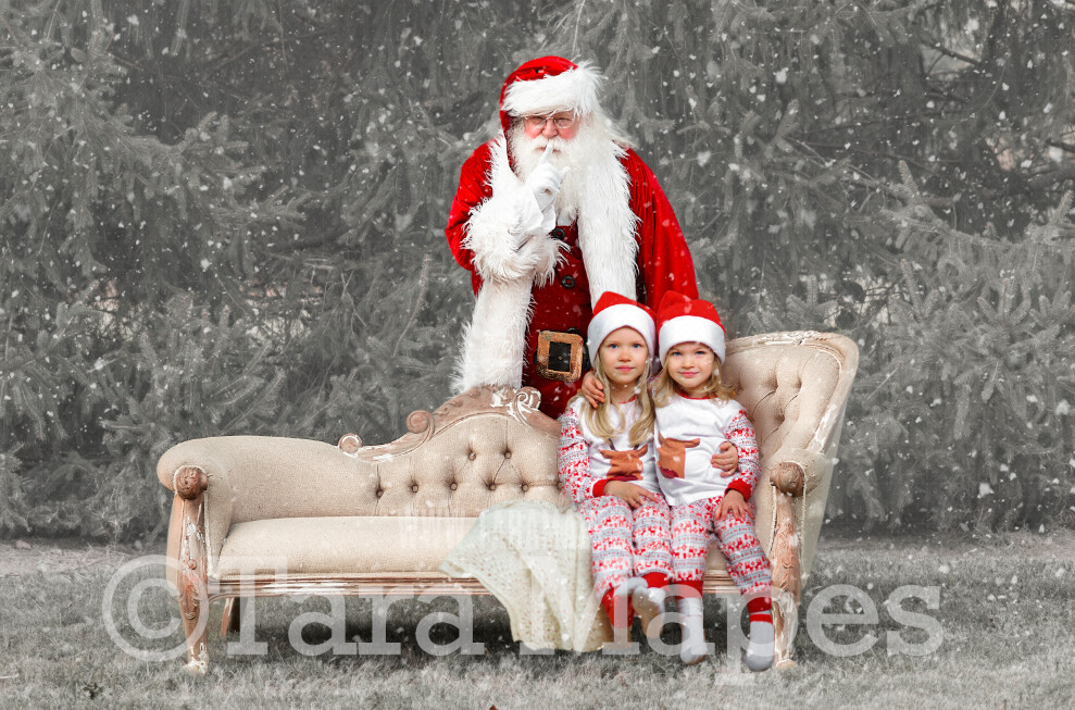 Santa Digital Backdrop - Santa Saying Shhh Behind Couch - Free Snow Overlay Included - Santa Christmas Digital Backdrop by Tara Mapes