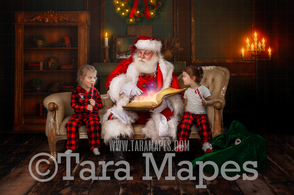 Santa Digital Backdrop - Santa Reading Magic Book on Couch- Christmas Digital Backdrop - Santa on Couch- Christmas Digital Background by Tara Mapes