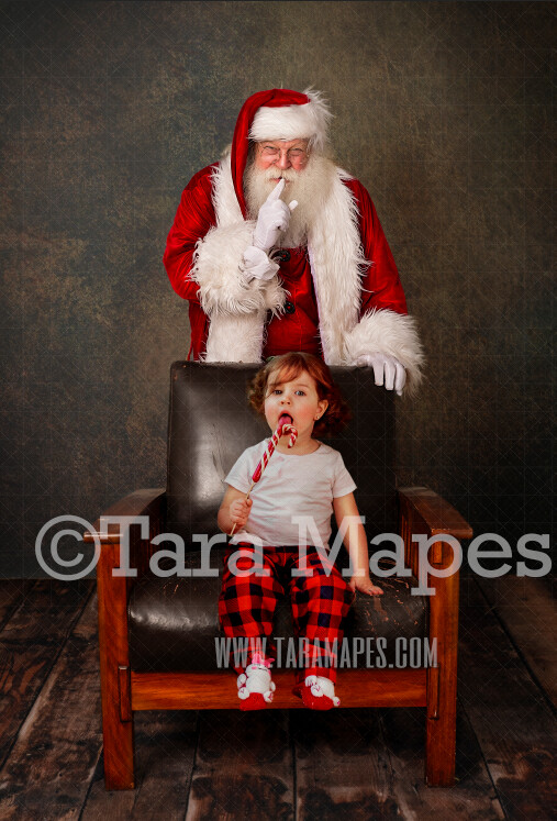 Santa Digital Backdrop - Santa Behind Chair  - Santa Saying Shh - Christmas Digital Background by Tara Mapes