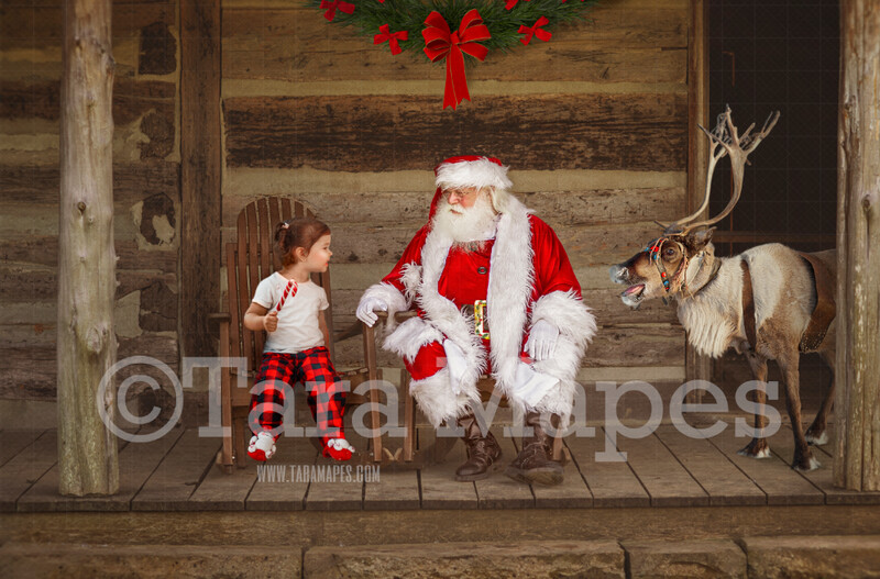 Santa Digital Backdrop - Santa at Cabin with Reindeer- Santa's Cabin - Christmas Digital Background by Tara Mapes