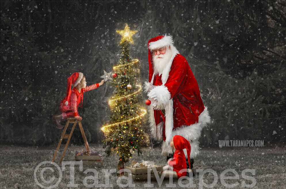 Santa Digital Backdrop - Santa Decorating Christmas Tree - Free Snow Overlay Included - Santa Christmas Digital Backdrop by Tara Mapes