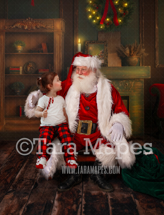 Santa Digital Backdrop - Santa in Vintage Room by Fireplace - Santa Sitting in Leather Chair - Christmas Digital Background by Tara Mapes