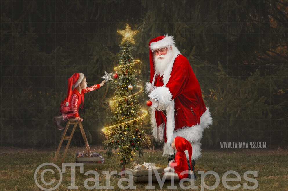 Santa Digital Backdrop - Santa Decorating Tree with Ornaments and Christmas Lights - Christmas Digital Backdrop by Tara Mapes