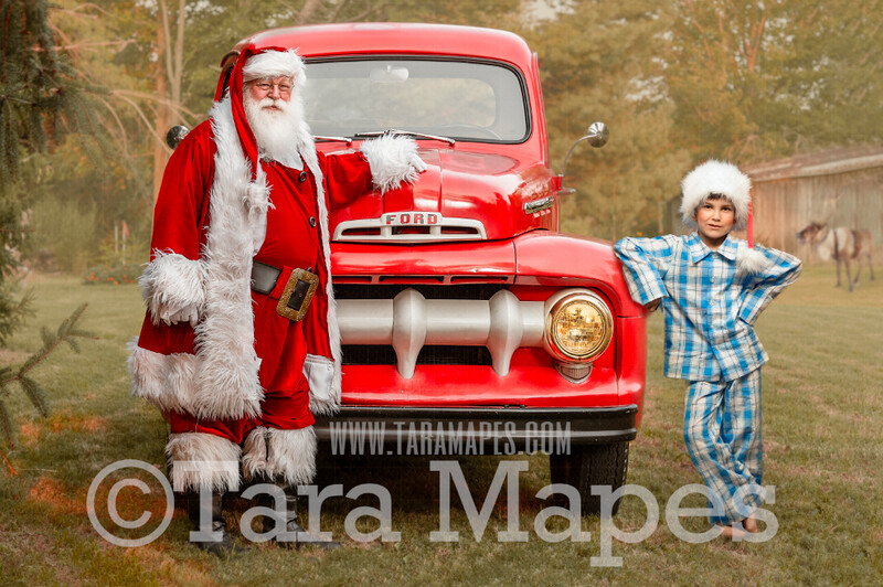 Santa Digital Backdrop - Santa's Truck - Vintage Red Christmas Truck Digital Backdrop - Christmas Truck in Tree Farm - Christmas Digital Background