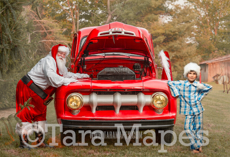 Santa Digital Backdrop - Working on Santa's Truck - Santa Vintage Red Christmas Truck Digital Backdrop - Christmas Truck in Tree Farm - Christmas Digital Background