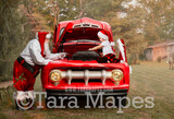 Santa Digital Backdrop - Working on Santa&#39;s Truck - Santa Vintage Red Christmas Truck Digital Backdrop - Christmas Truck in Tree Farm - Christmas Digital Background