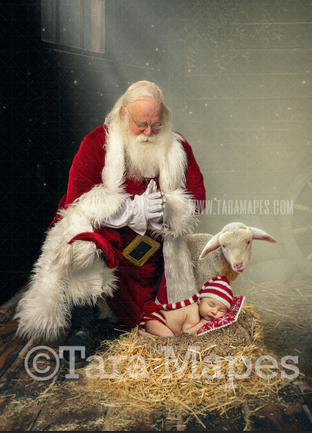 Santa Digital Backdrop - Kneeling Santa with Lamb -Praying Santa - Santa Kneeling Nativity -  Santa Religious Christmas Digital Background by Tara Mapes