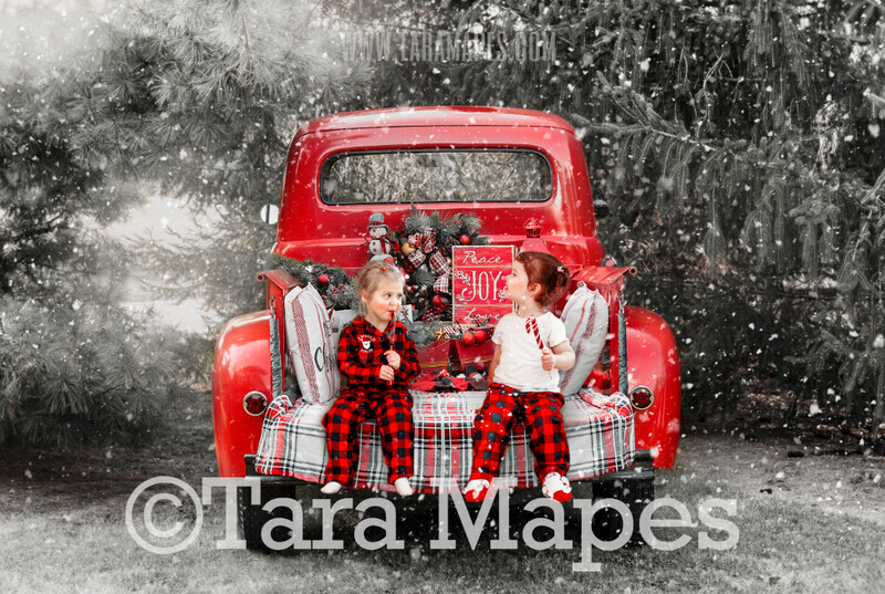 Red Vintage Truck Digital Backdrop - Christmas Truck in Tree Farm Winter Truck Digital Background Backdrop - Free Snow Overlay Included