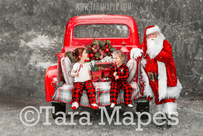 Santa Vintage Red Christmas Truck Digital Backdrop - Santa by Vintage Christmas Truck - Christmas Truck in Tree Farm - with Free Snow Overlay - Christmas Digital Background