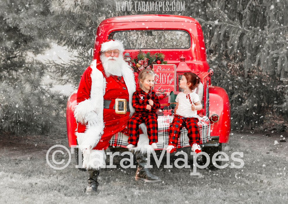 Santa Vintage Red Christmas Truck Digital Backdrop - Santa Sitting on Vintage Christmas Truck - Christmas Truck in Tree Farm - with Free Snow Overlay - Christmas Digital Background