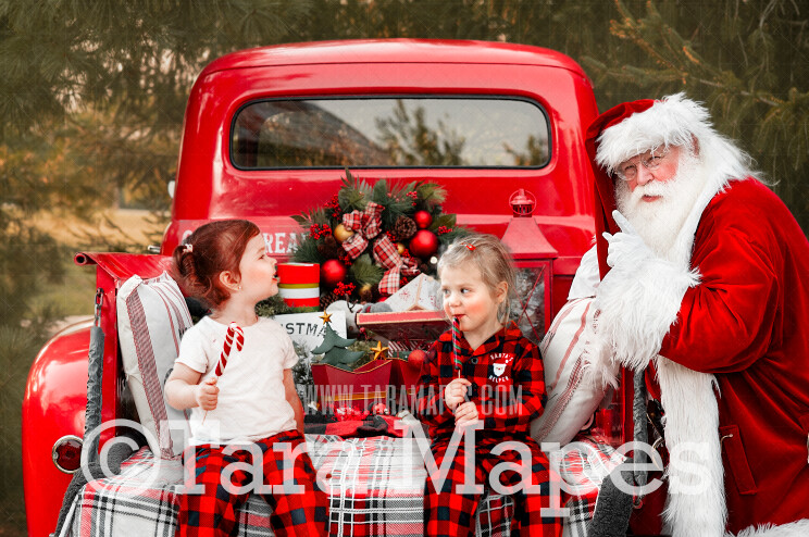 Santa Digital Backdrop - Santa Saying Shh by Red Vintage Truck Digital Backdrop - Christmas Truck in Tree Farm Holiday Family Digital Background Backdrop