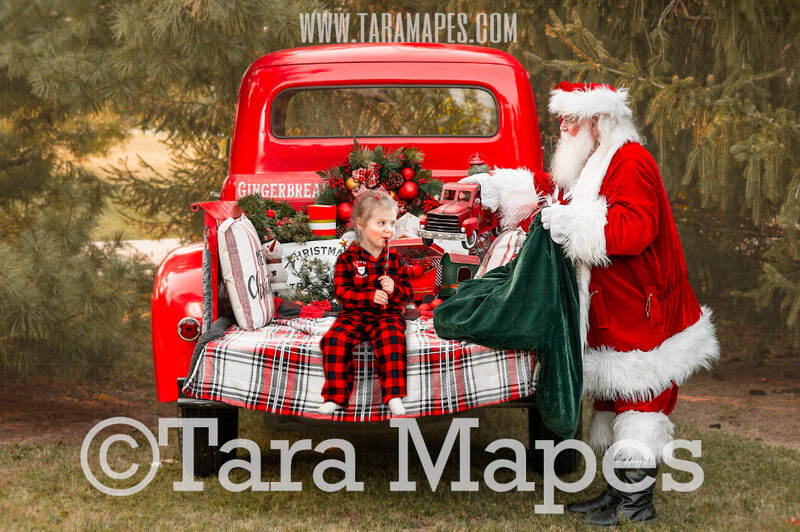 Santa Digital Backdrop - Red Vintage Truck Digital Backdrop - Santa Giving Truck Toy - Christmas Truck in Tree Farm Holiday Family Digital Background Backdrop