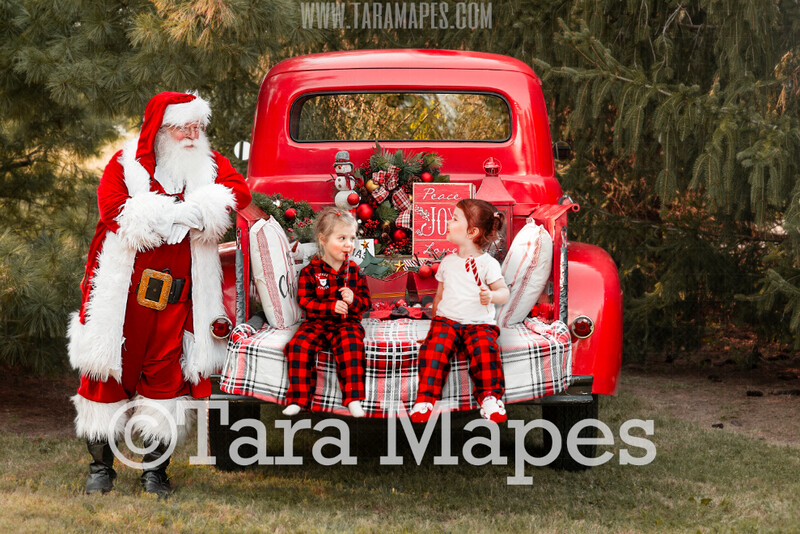 Santa Digital Backdrop - Red Vintage Truck Digital Backdrop - Christmas Truck in Tree Farm Holiday Family Digital Background Backdrop