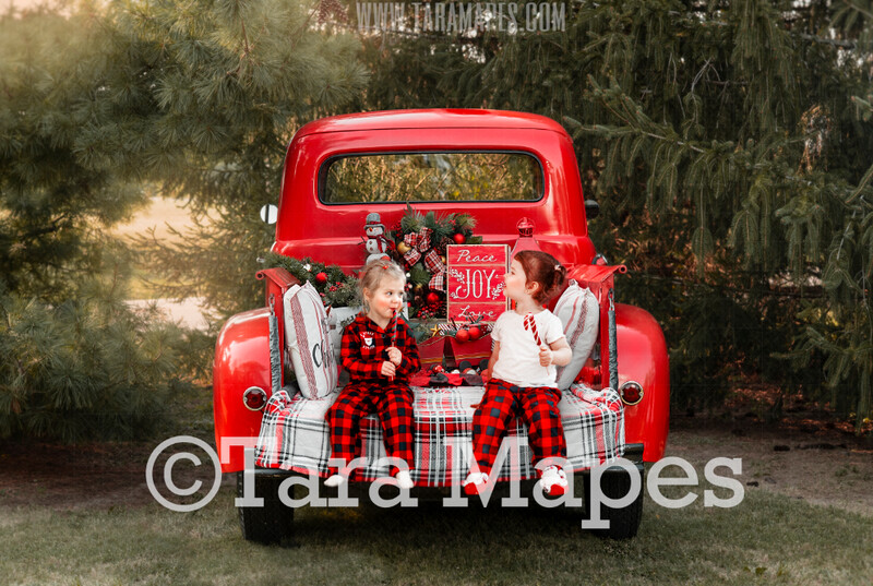 Red Vintage Truck Digital Backdrop - Christmas Truck in Tree Farm Holiday Family Digital Background Backdrop