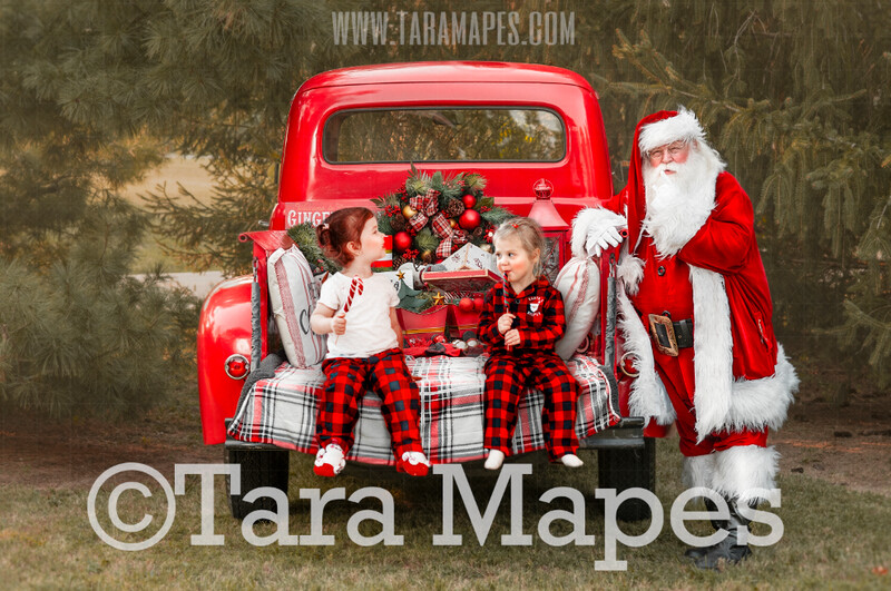 Santa Digital Backdrop - Red Vintage Truck Digital Backdrop - Santa Reading Book - Christmas Truck in Tree Farm Holiday Family Digital Background Backdrop