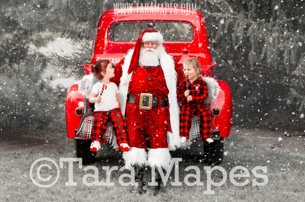 Santa Vintage Red Christmas Truck Digital Backdrop - Santa by Vintage Christmas Truck - Christmas Truck in Tree Farm - with Free Snow Overlay - Christmas Digital Background