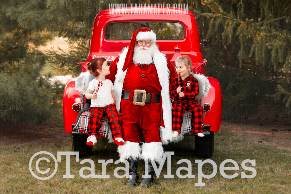 Santa Digital Backdrop - Red Vintage Truck Digital Backdrop - Santa Hug - Christmas Truck in Tree Farm Holiday Family Digital Background Backdrop