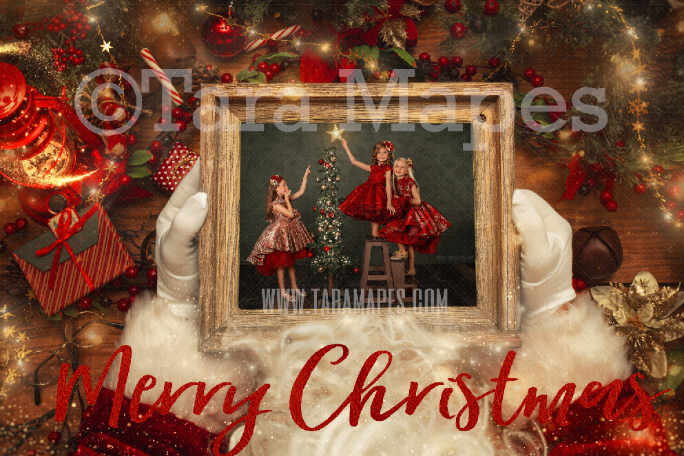 Santa Frame Digital Backdrop - Santa Holding Frame PNG overlay with Free Merry Christmas PNG text - Free Tutorial Link Below - Santa Frame Christmas Digital Backdrop by Tara Mapes