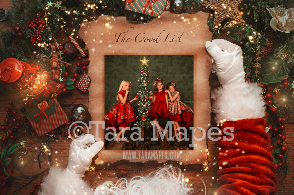 Christmas Frame - Santa's Good List - Santa Scroll - Santa Holding Letter - Layered PSD Santa Digital Background Backdrop -