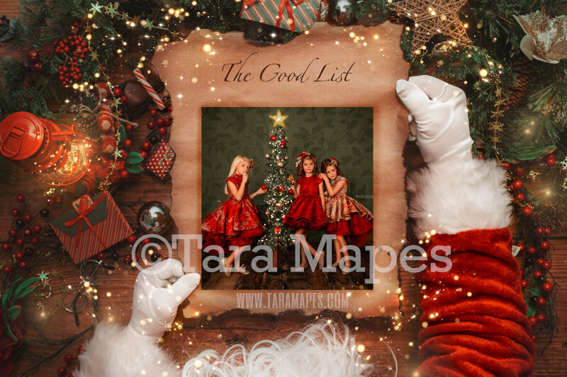 Christmas Frame - Santa's Good List - Santa Scroll - Santa Holding Letter - Layered PSD Santa Digital Background Backdrop -