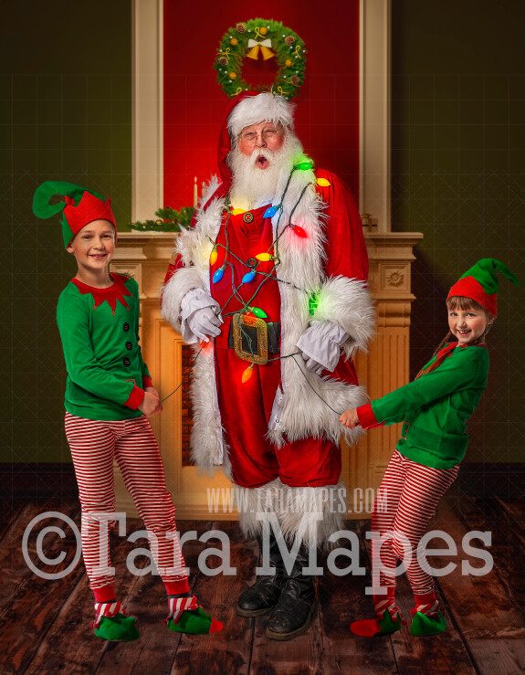 Santa Digital Backdrop - Santa Tied Up in Christmas Lights- Catching Santa - Christmas Digital Background by Tara Mapes