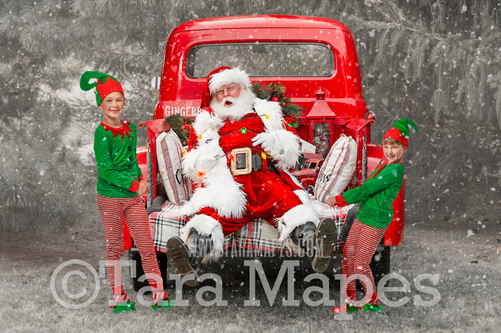 Santa Digital Backdrop - Santa Tied Up in Christmas Lights - Vintage Red Christmas Truck Digital Backdrop - Christmas Truck in Tree Farm - with Free Snow Overlay - Christmas Digital Background
