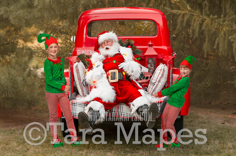 Santa Digital Backdrop - Santa Tied Up in Christmas Lights in Red Vintage Truck Digital Backdrop - Christmas Truck in Tree Farm Holiday Family Digital Background Backdrop