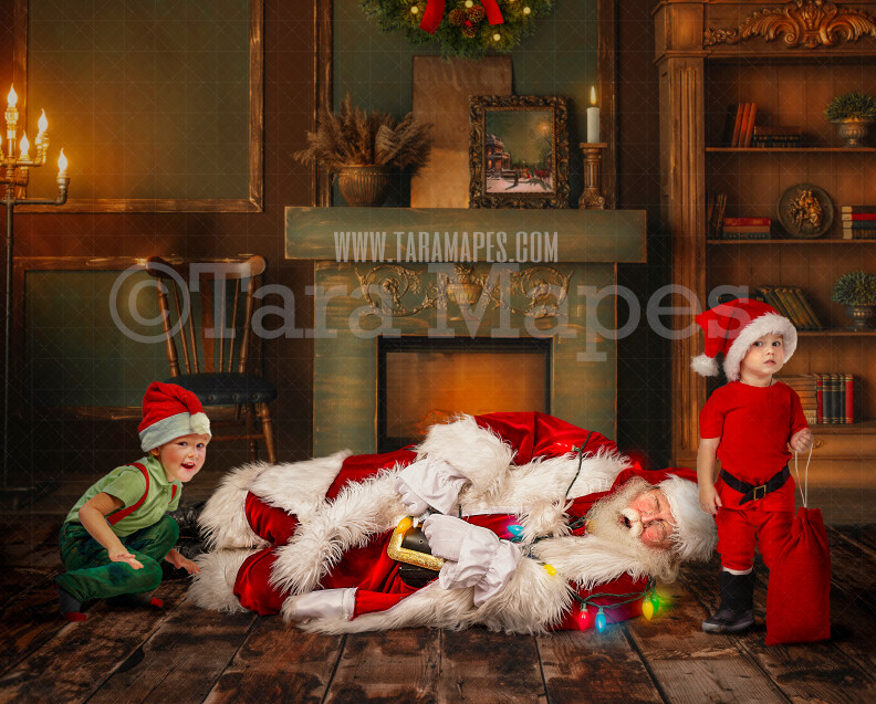 Santa Digital Backdrop - Santa Tied Up in Christmas Lights- Catching Santa -  Santa by Fireplace - Christmas Digital Background by Tara Mapes