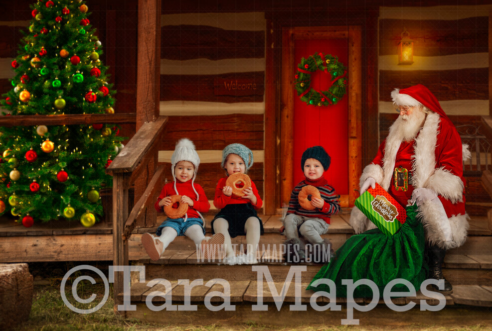 Santa Digital Backdrop - Santa 's Cabin - Santa on Log Cabin Steps - with Free Snow Overlay - Christmas Digital Background