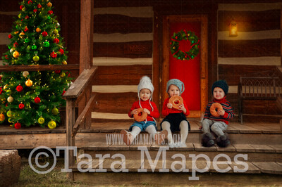 Santa&#39;s Cabin Digital Backdrop - Santa&#39;s House - with Free Snow Overlay - Christmas Digital Background