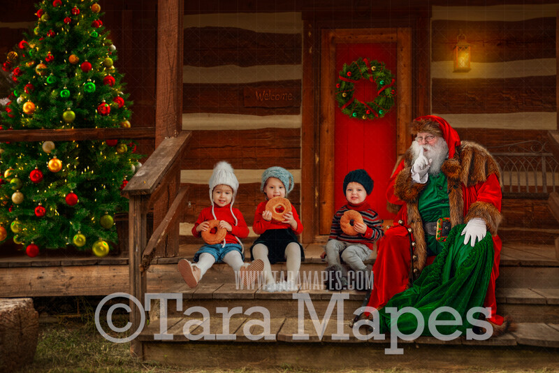 Santa Digital Backdrop - Victorian Santa 's Cabin - Santa on Log Cabin Steps - with Free Snow Overlay - Christmas Digital Background
