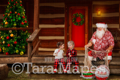 Beach Santa Digital Backdrop - Summer Santa&#39;s Cabin - Santa on Log Cabin Steps - Christmas Digital Background