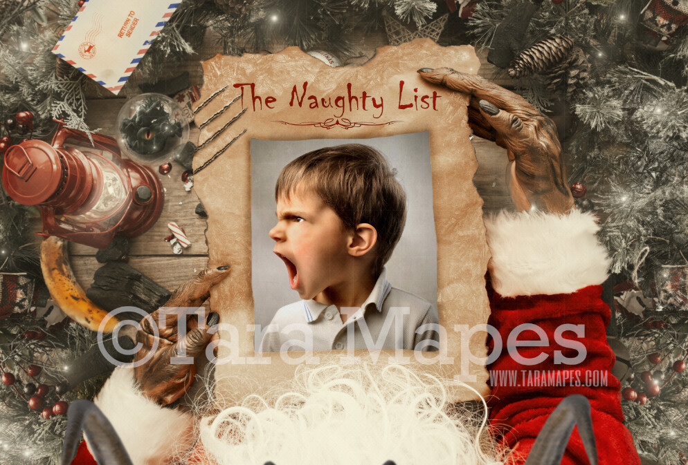The Naughty List PNG - Krampus Holding List - Free Tutorial Link Below - Naughty List Frame Christmas Digital Backdrop by Tara Mapes