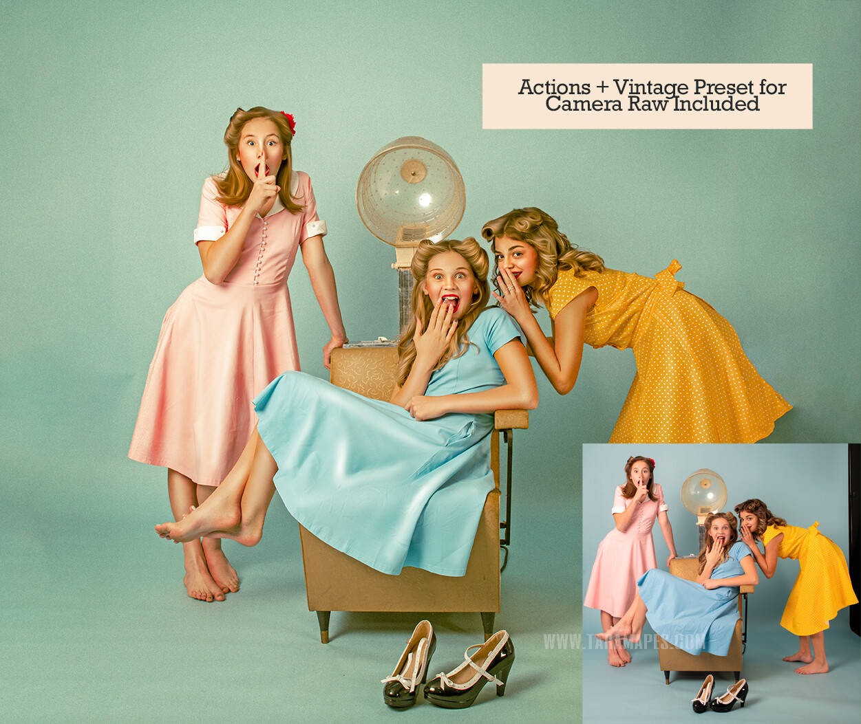 Fifties Salon Photoshop Tutorial-  50s Painterly Edit - Photoshop Action Workflow Set Included -- Camera Raw Preset Included- Illustrated Painterly Tutorial by Tara Mapes