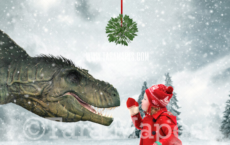 Dino Mistletoe - Dino under Mistletoe Snow by Pine Trees -Free Snow overlay - Snowy Scene with Animal - Funny Christmas Holiday Digital Background Backdrop
