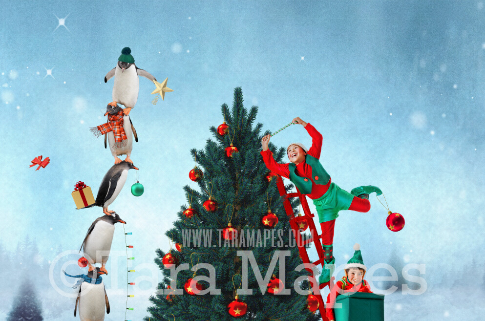 Penguins Decorating Christmas Tree - Stacked Penguins by Christmas Tree -Free Snow overlay - Funny Penguin Christmas Holiday Digital Background Backdrop