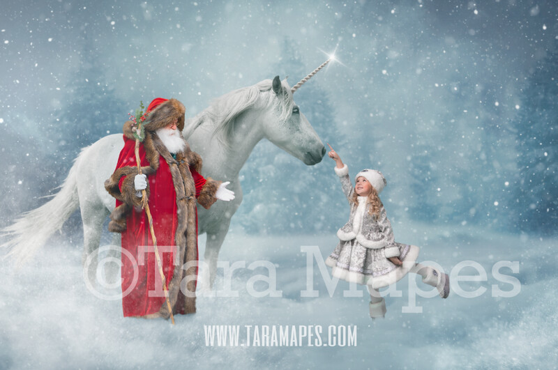 Santa with Christmas Unicorn - Victorian Santa and Winter Unicorn - Santa with Unicorn in Snow - Snow Unicorn - Christmas Holiday Digital Background FREE SNOW OVERLAY PNG