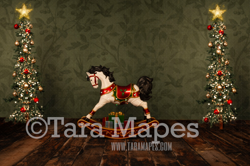 Vintage Christmas Rocking Horse by Christmas Trees   - Rocking Horse Holiday Scene - Christmas Background - Holiday Digital Background Backdrop