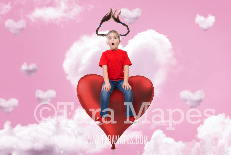 Valentine Digital Backdrop - Heart Balloon in Sky with Heart Clouds - Whimsical Red Heart in Clouds - Digital Background JPG