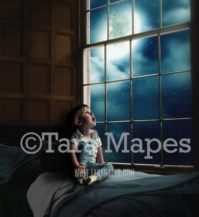 Vintage Room- Big Window with Moon JPG file - Digital Background / Backdrop