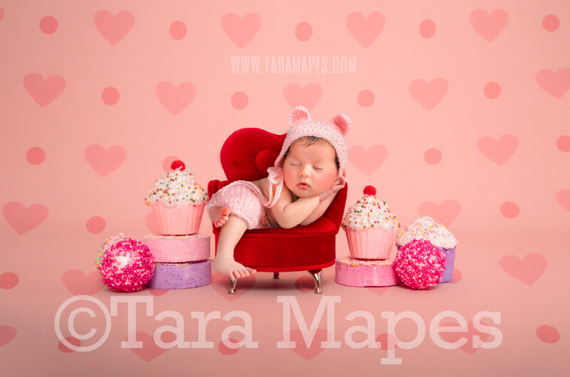 Valentine Digital Backdrop - Heart Throne with Life Size Cupcakes and Candy - Valentine Digital Background JPG