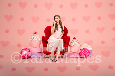 Valentine Digital Backdrop - Heart Throne with Life Size Cupcakes and Candy - Valentine Digital Background JPG