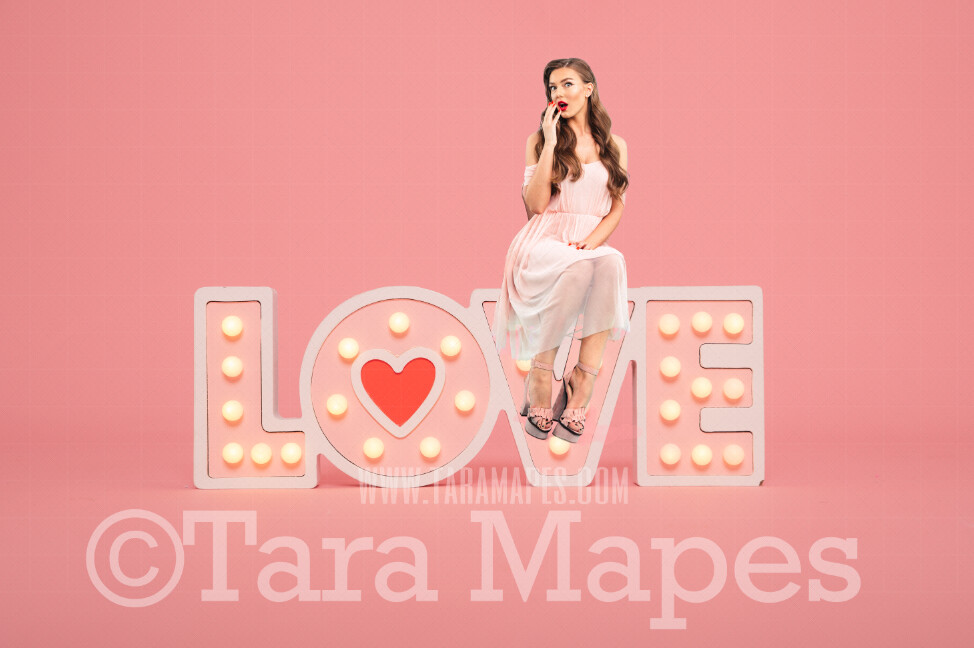 Love Word - Love Block - Love Lights - Love Marquee Lights on Pink Digital Backdrop - Valentine LOVE Pink Backdrop - Valentine Digital Background JPG